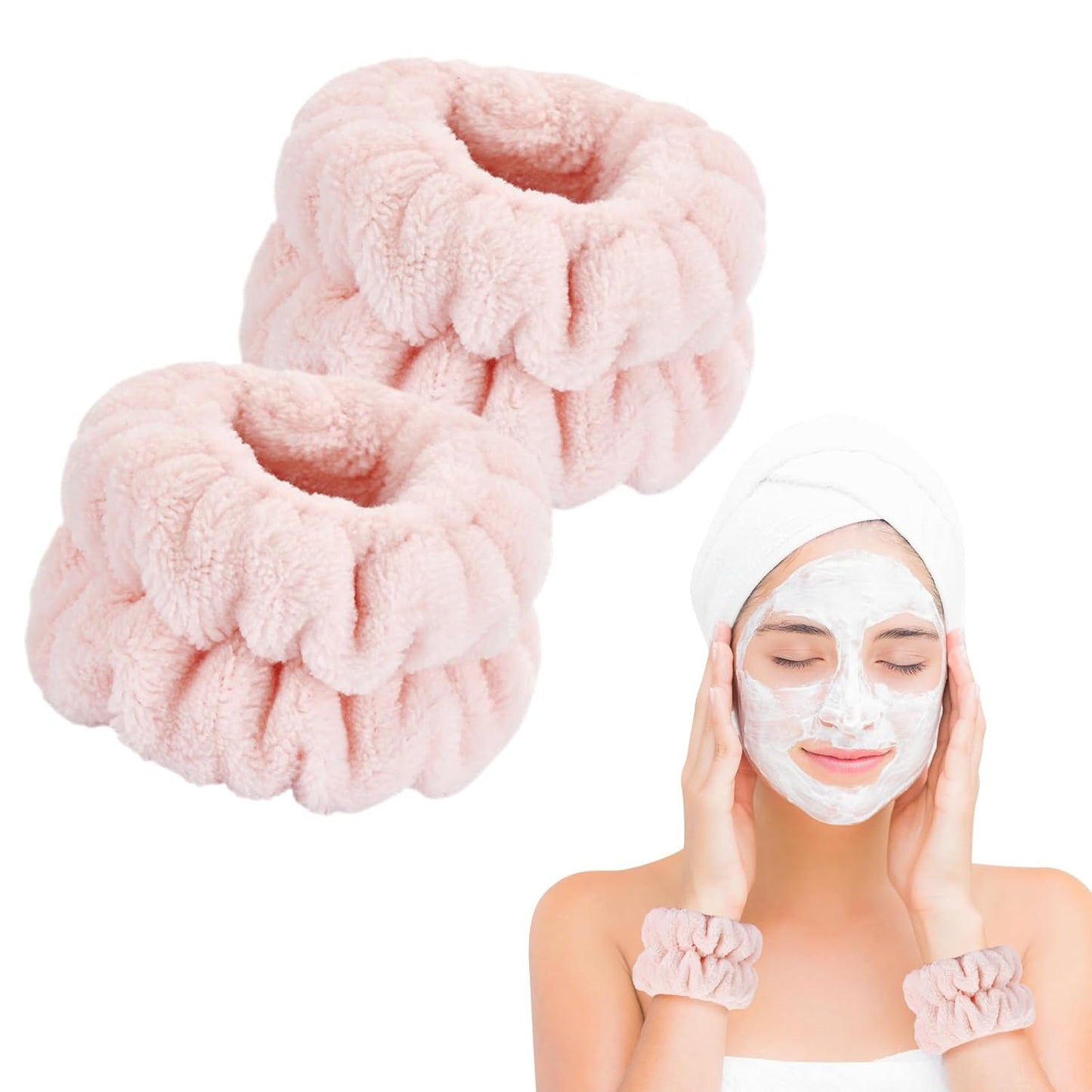 2 Pcs Microfiber Wrist Towels - Spa Wristbands for Women & Children (Pale Pink)