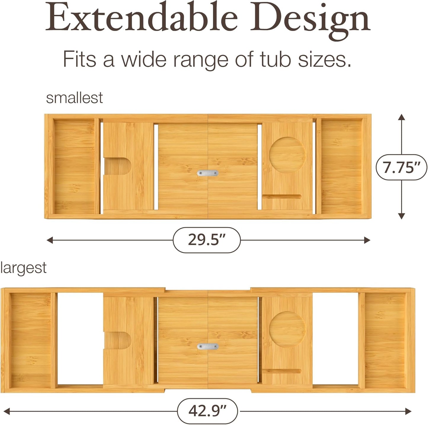 Bathtub Tray Caddy - Premium Bamboo Expandable Bath Tub Tray Table, Luxurious Wooden Bath Caddy for Books, Tablets, Wine, Bathroom Accessories, Spa Essentials, Housewarming, Wedding