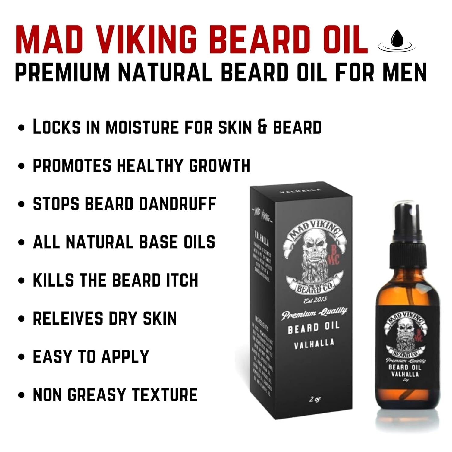 Premium Beard Oil for All Lengths, All-Natural, Moisturizes Skin, Reduces Beard Itch, Helps Relieve Acne. for a Thicker Fuller Looking Beard. Made in the USA - 2Oz (VALHALLA)