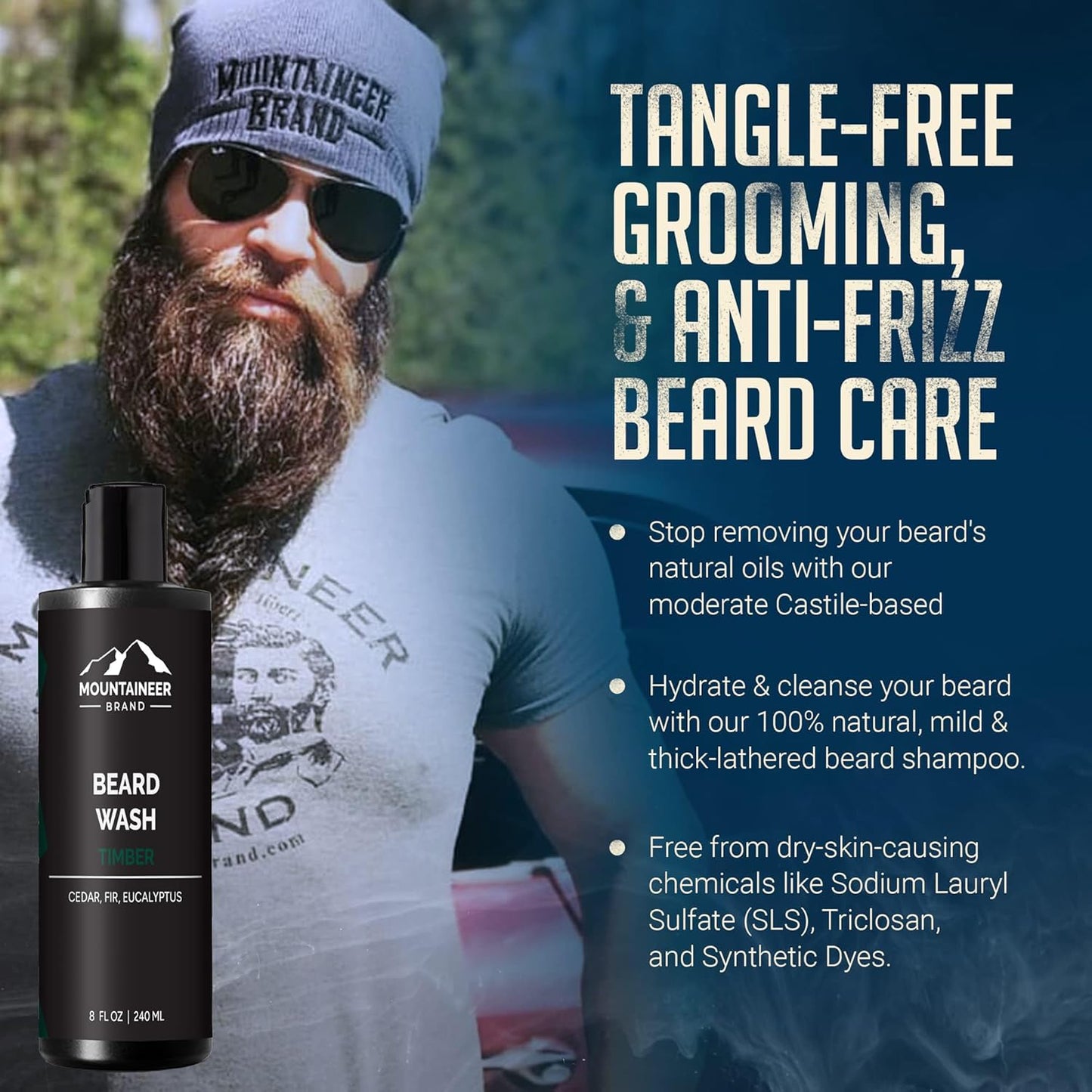 Beard Wash for Men | 100% Natural Beard Shampoo | Thick Cleaning Softening Lather for Hair and Skin | Hydrate and Detangle | Grooming Treatment | Timber Scent 8Oz