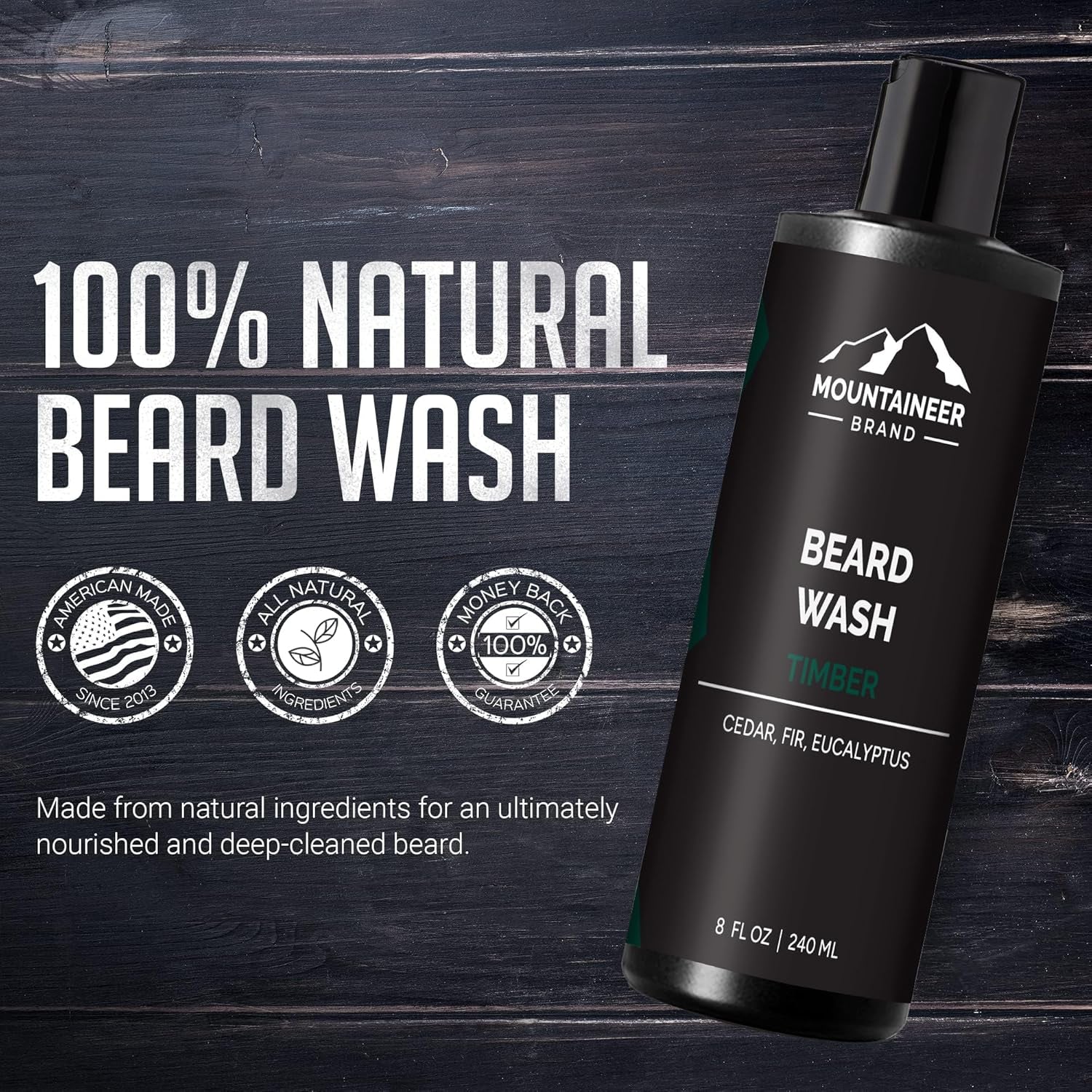 Beard Wash for Men | 100% Natural Beard Shampoo | Thick Cleaning Softening Lather for Hair and Skin | Hydrate and Detangle | Grooming Treatment | Timber Scent 8Oz