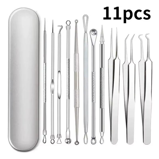 11Pcs Ingrown Hair Tweezers Acne Blackhead Removal Needles Black Dots Cleaner Pore Cleaner Deep Cleansing Face Skin Care Tools